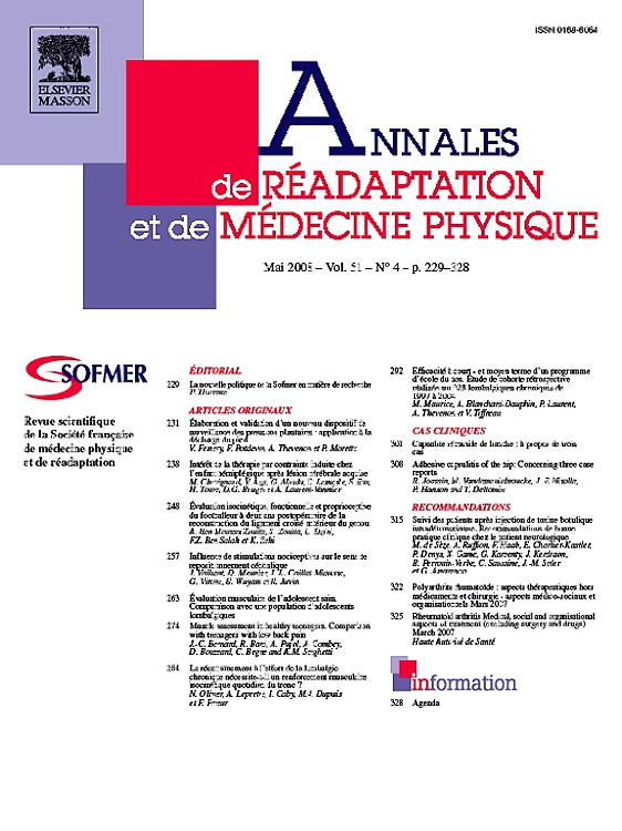 Go to journal home page - Annales de Réadaptation et de Médecine Physique